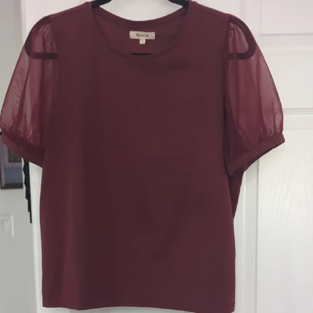 Madewell Maroon Sheer Puff Sleeve Large Top - Picture 1 of 5